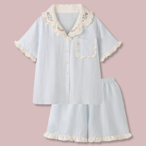 Home retro embroidered sweet pajamas women's summer new short sleeved thin loose home service suit