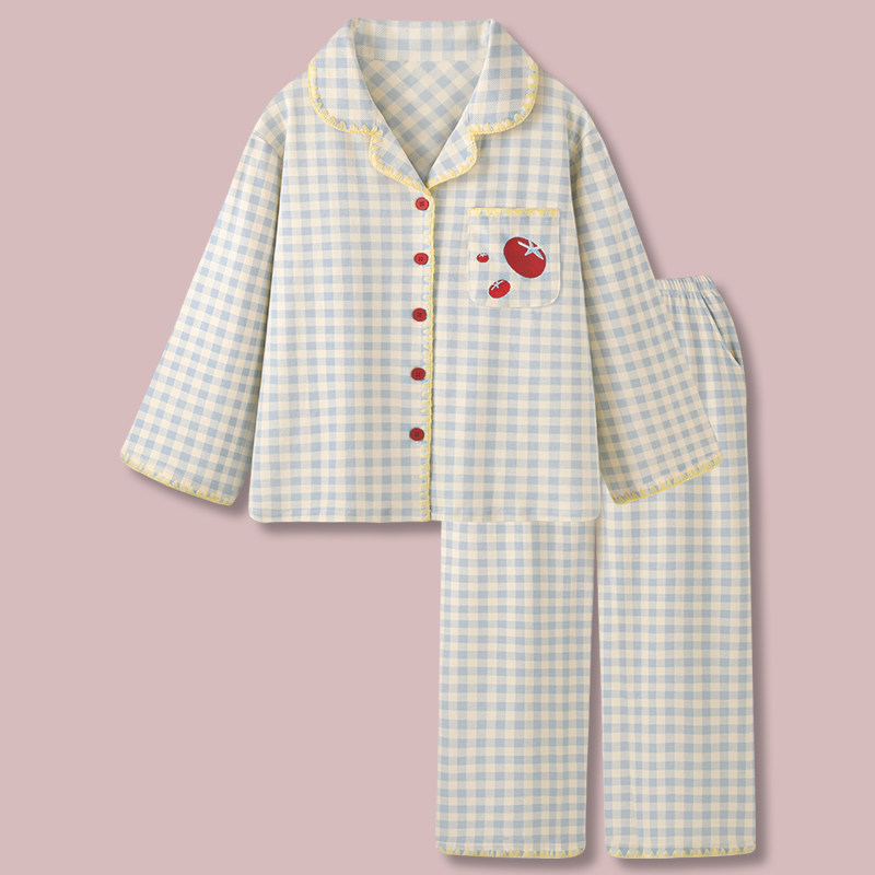 sweet cotton pajamas women's spring, autumn and winter new student home service suit with chest pad plaid sweet cotton pajamas women's spring, autumn and winter new student home service suit with chest pad plaid